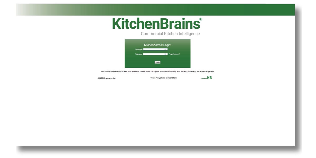 KitchenKorrect Log-In Screen